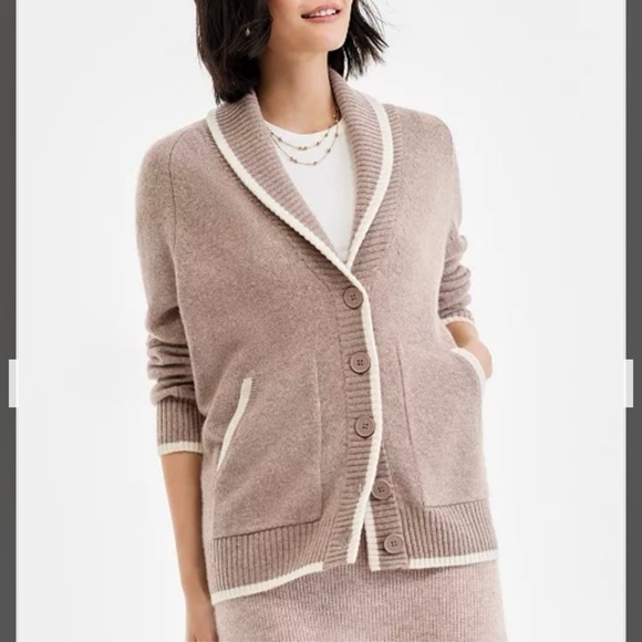 Charter Club 100% Cashmere Tipped Shawl-Collar Boyfriend Cardigan in Brown Sugar - Picture 2 of 11